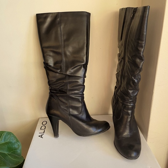 ALDO Black Leather High Heel Boots size 38 - Picture 1 of 2